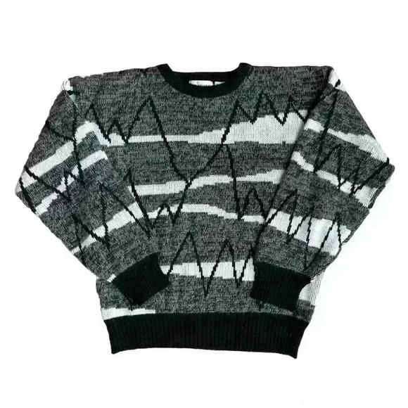 Vintage 80s Uno Camino Rare Men’s M Knit Sweater Black White Mountain - Picture 1 of 9